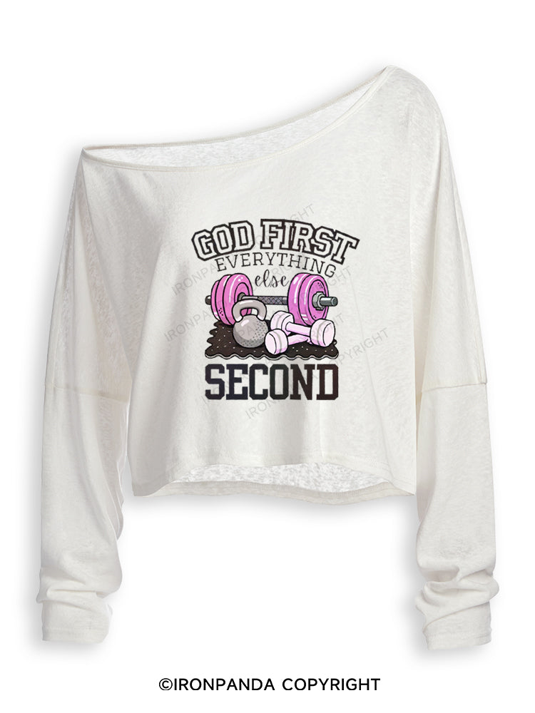 GOD FIRST EVERYTHING ELSE SECOND Off Shoulder Long Sleeve Crop Top