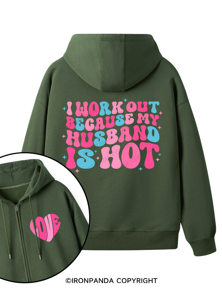 I Work Out Because My Husband is Hot Pink Double-Sided Printed Fleece Zip Up Hoodie