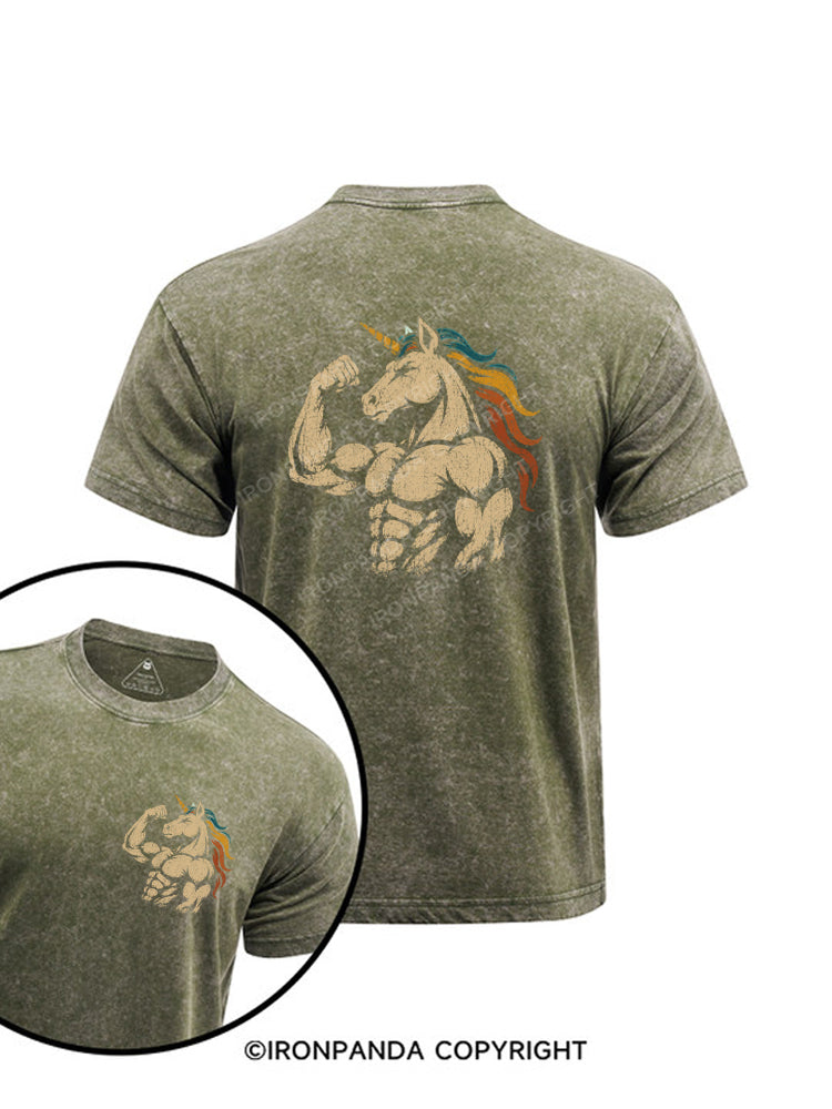 Retro Muscular Unicorn Power Fantasy Printed Washed Gym Shirt