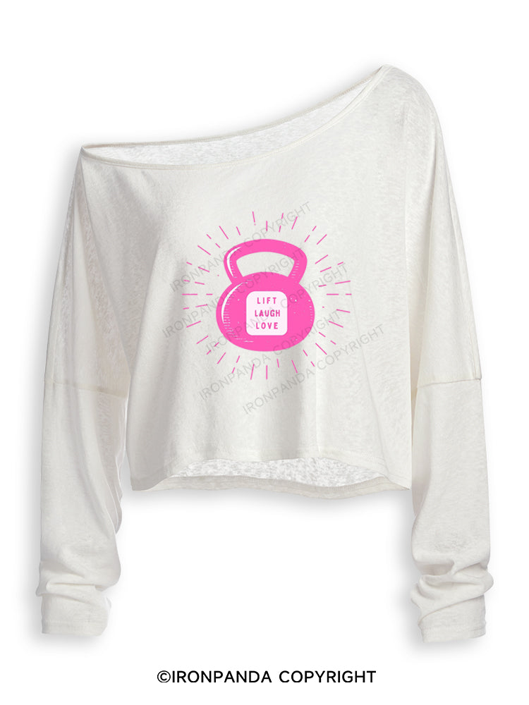 LIFT LAUGH LOVE GYM KETTLEBELL Off Shoulder Long Sleeve Crop Top