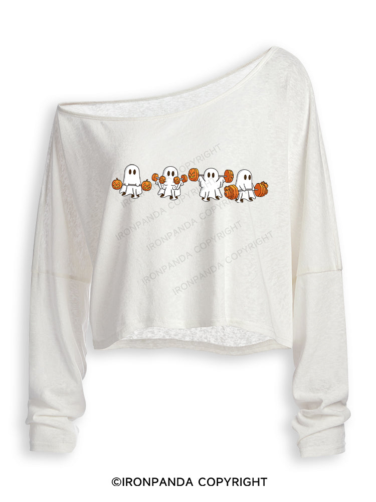 WEIGHT LIFTING GHOSTS FUNNY FITNESS Off Shoulder Long Sleeve Crop Top