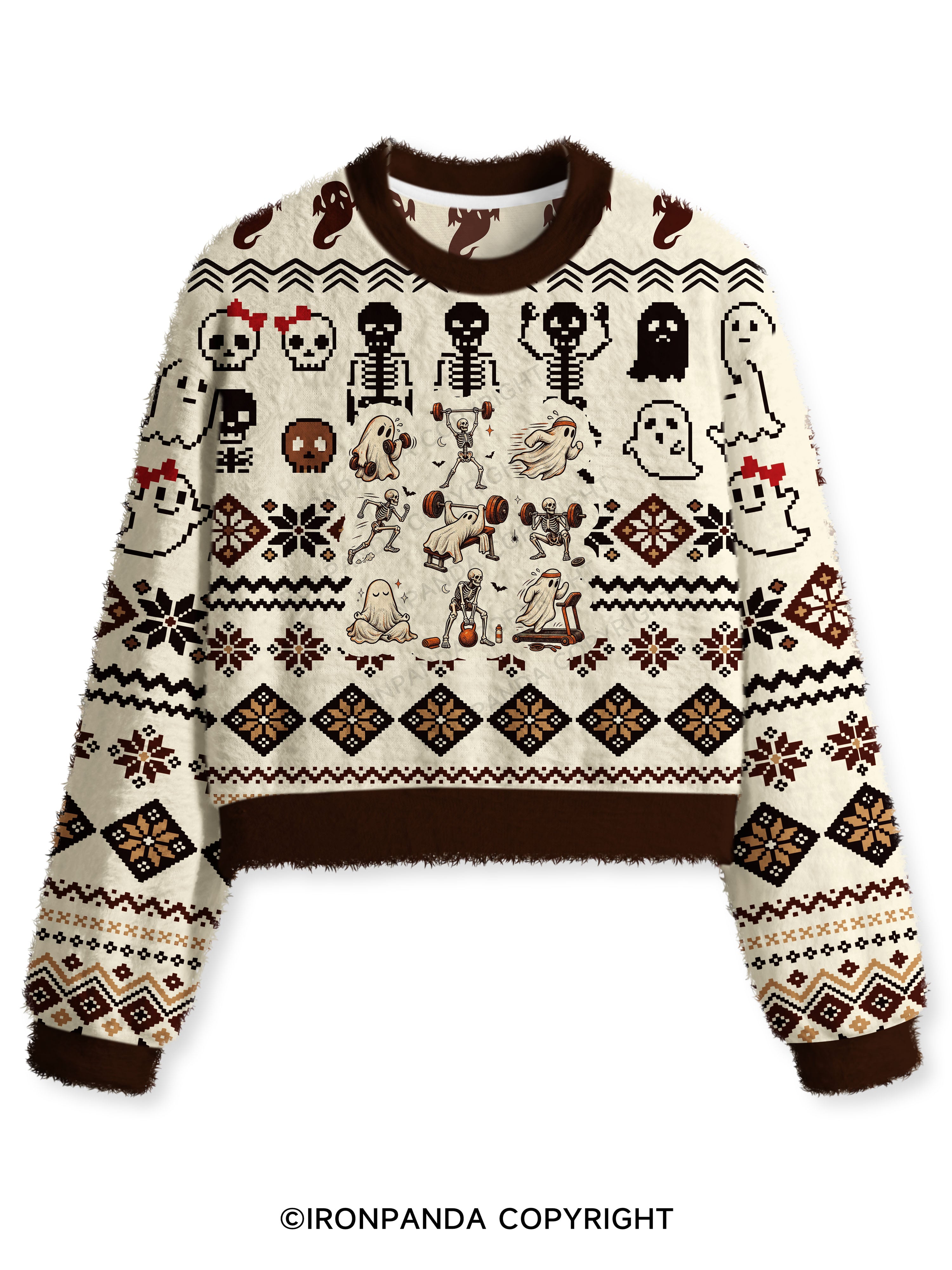 Ghost and Skeleton Workout Spooky Exercise Fuzzy Fleece Crop Sweater