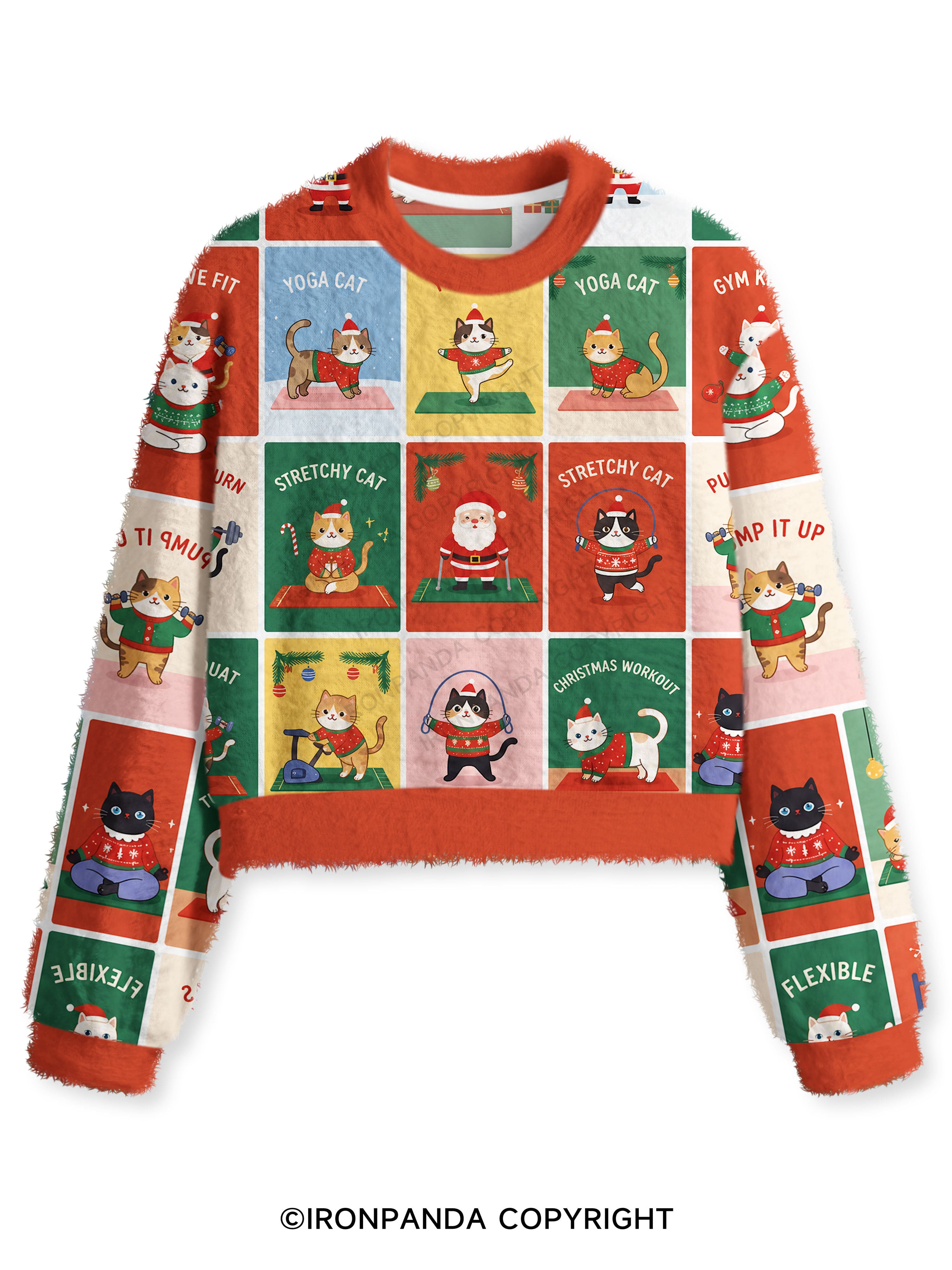 Santa Gym Cats Bundle Fuzzy Fleece Crop Sweater
