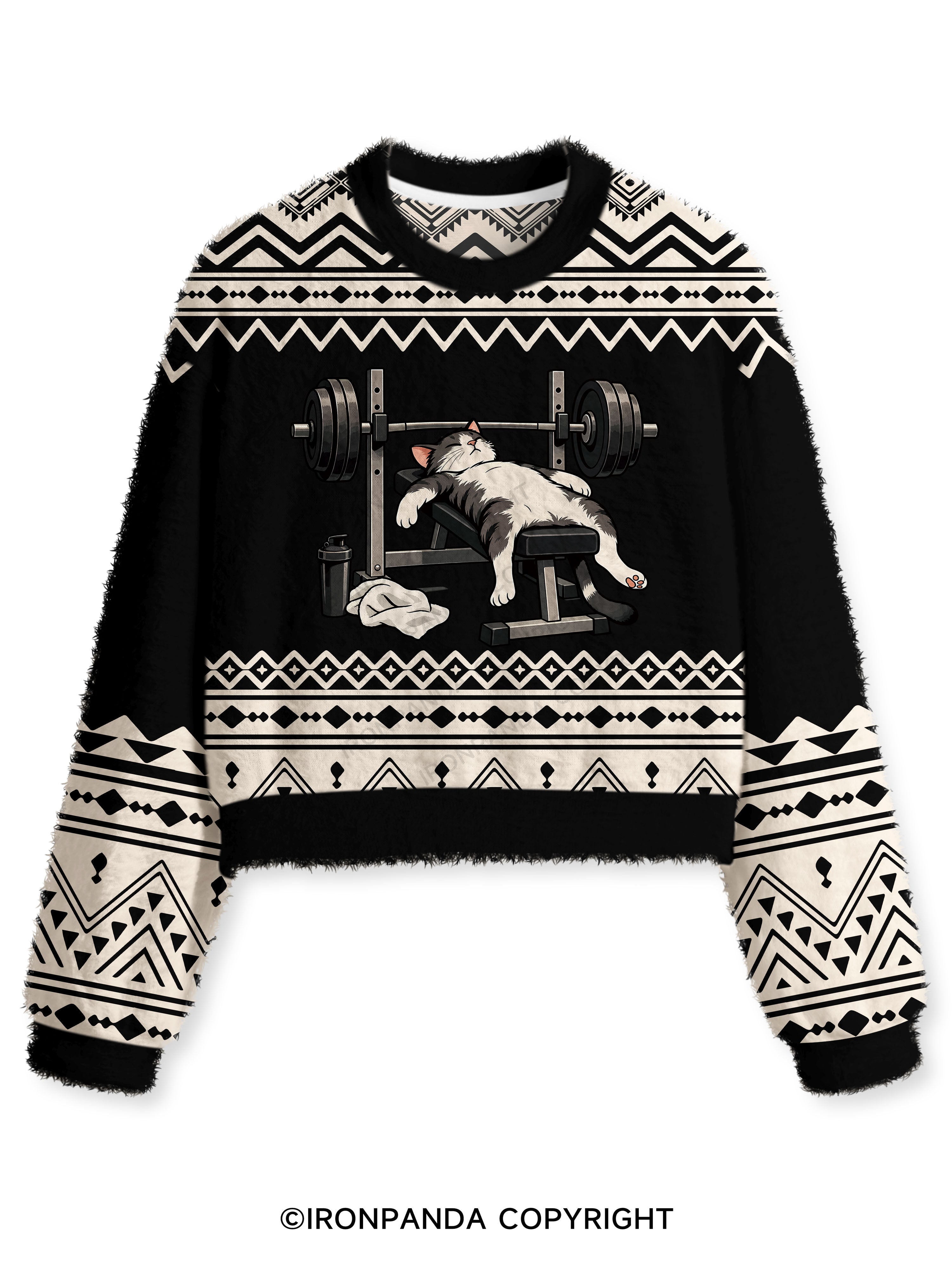 TIRED GYM CAT AFTER WORKOUT Fuzzy Fleece Crop Sweater