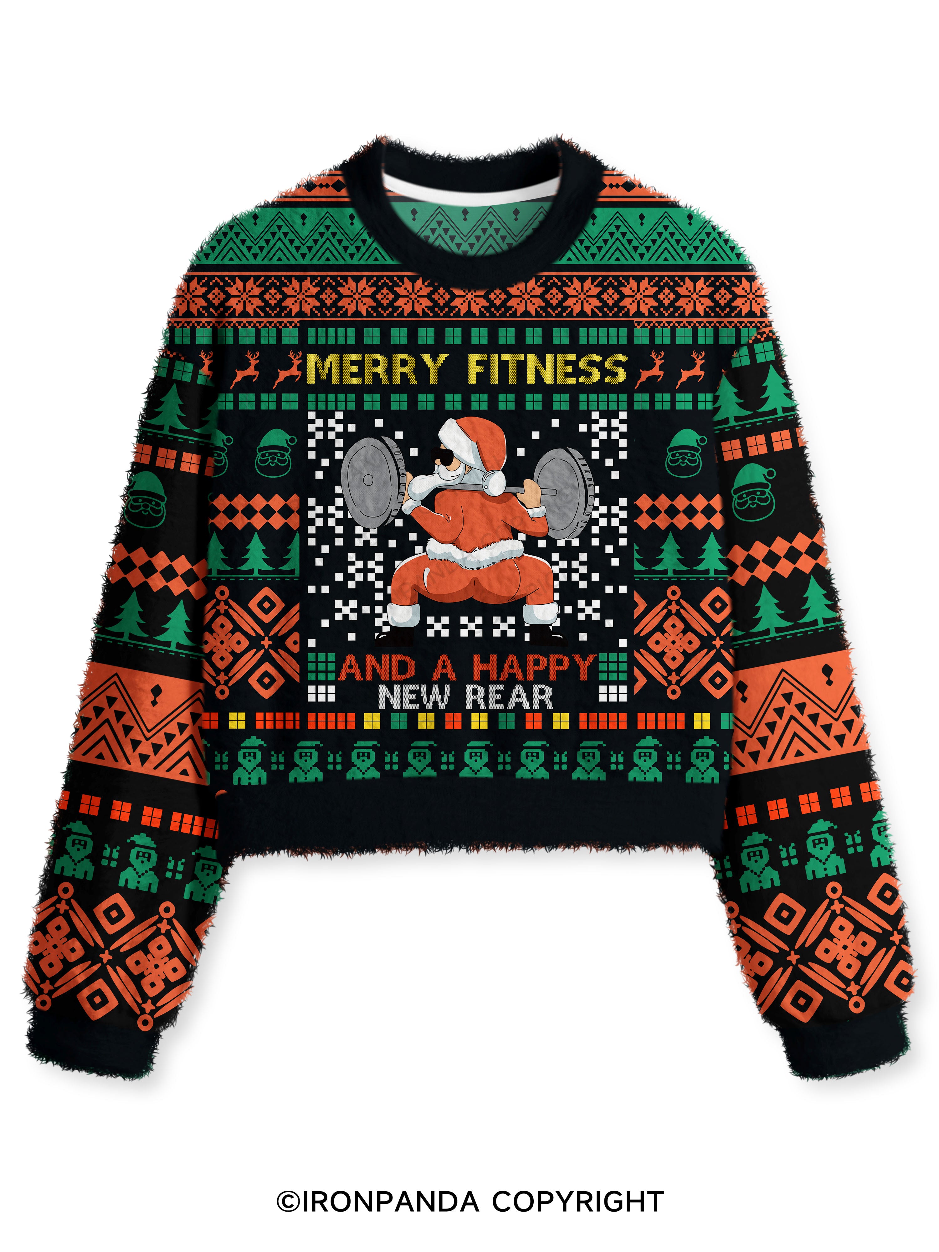 IRONPANDA MERRY FITNESS AND A HAPPY NEW REAR Fuzzy Fleece Crop Sweater