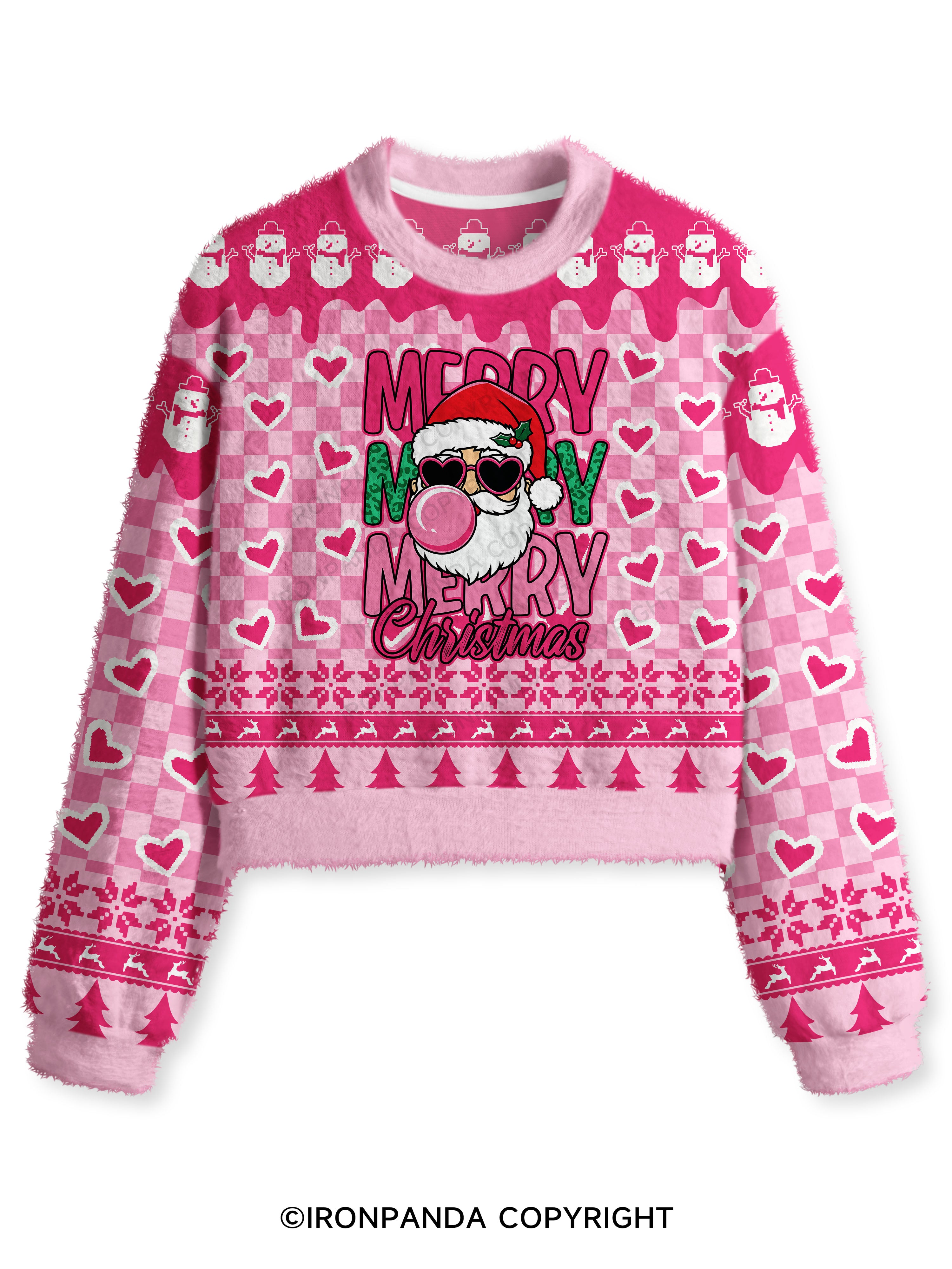 MERRY MERRY MERRY CHRISTMAS Fuzzy Fleece Crop Sweater