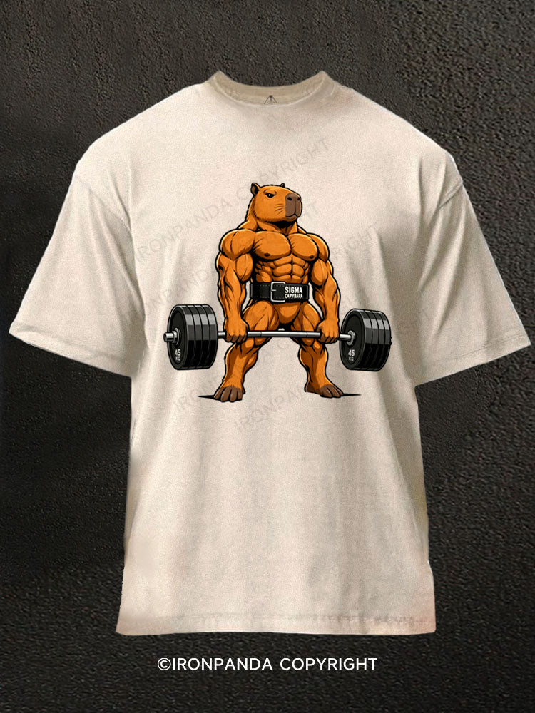 Sigma Muscular Capybara Bodybuilder Washed Gym Shirt