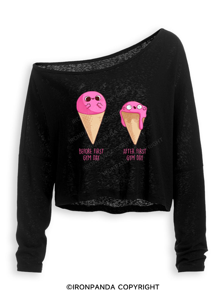 BEFORE AND AFTER FIRST GYM DAY FUNNY ICE CREAM Off Shoulder Long Sleeve Crop Top