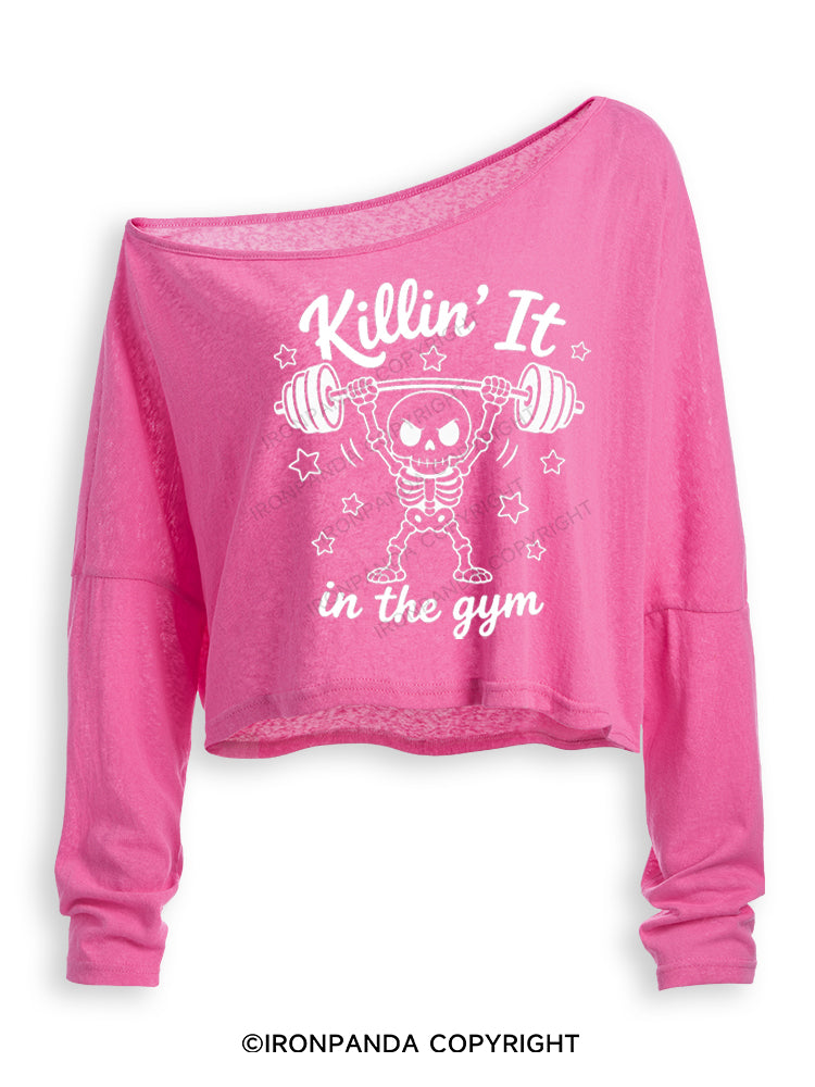 KILLIN' IT IN THE GYM SKELETON Off Shoulder Long Sleeve Crop Top