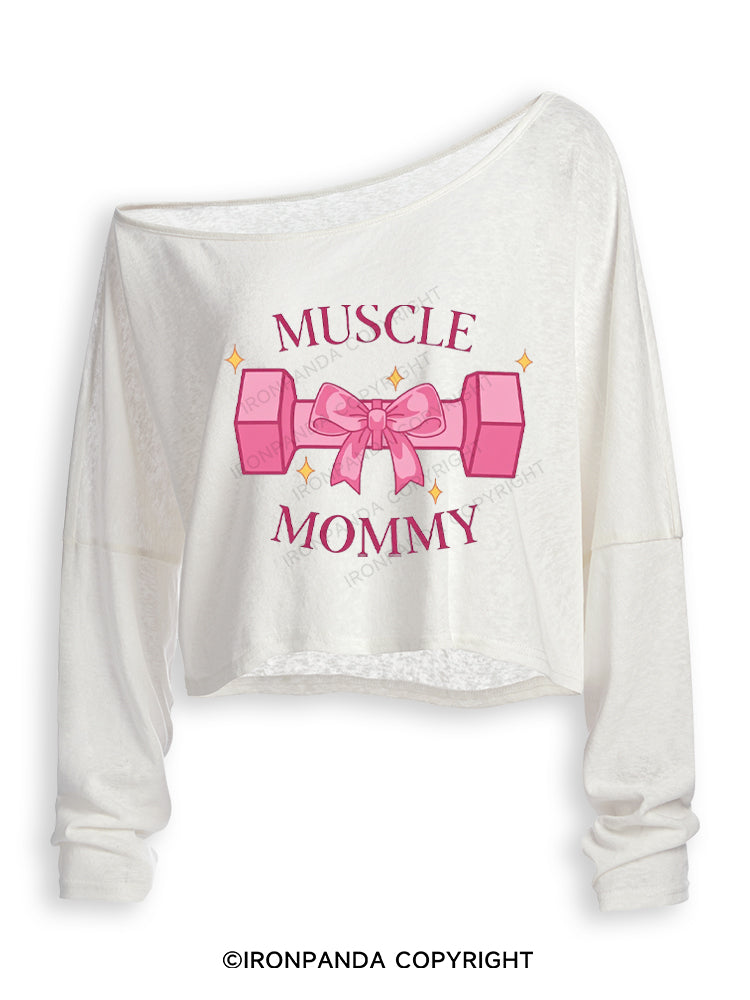 MUSCLE MOM GYM PINK VIBES Off Shoulder Long Sleeve Crop Top