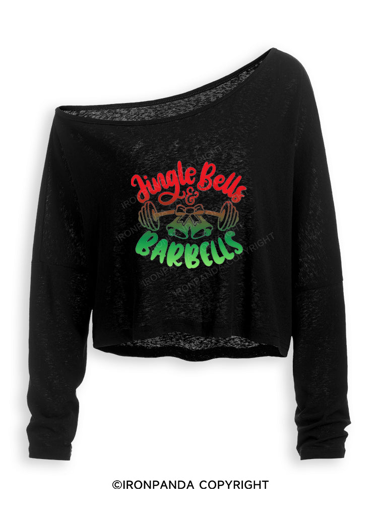 JINGLE BELLS & BARBELLS Off Shoulder Long Sleeve Crop Top
