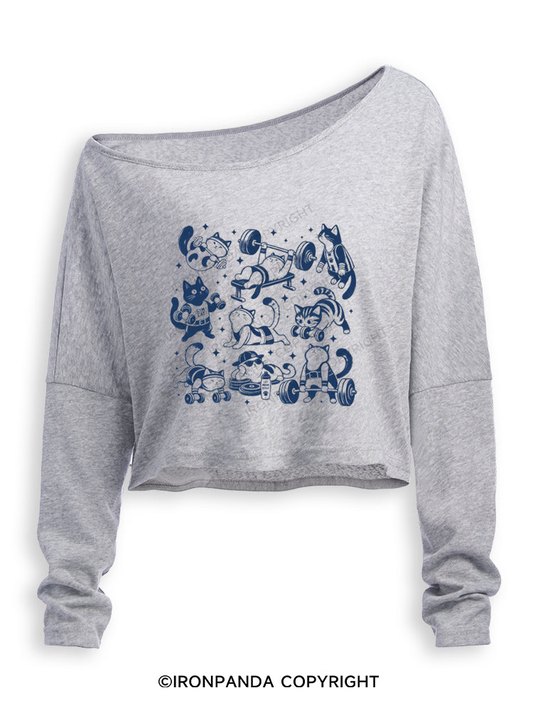 CUTE CAT LIFTING CLUB Off Shoulder Long Sleeve Crop Top