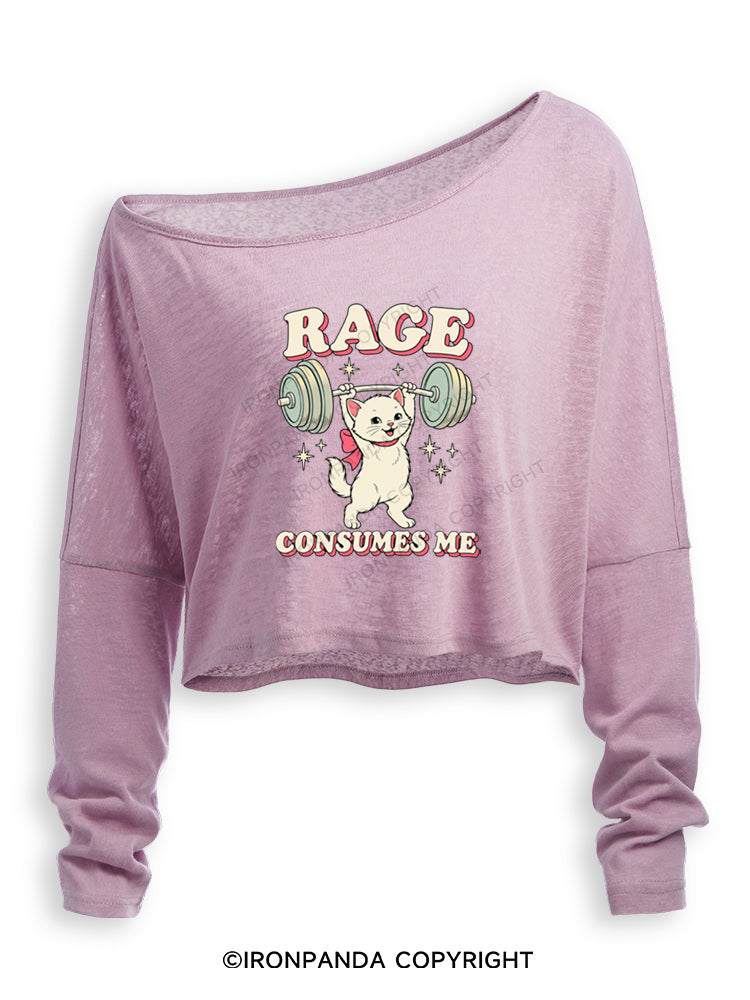RAGE CONSUMES ME FUNNY CAT WEIGHTLIFTING Off Shoulder Long Sleeve Crop Top