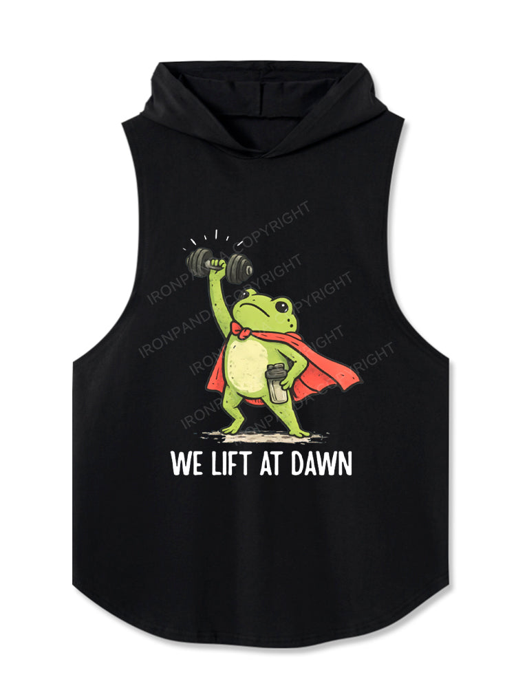 We Lift At Dawn Funny Frog Weight Lifting Hooded Tank