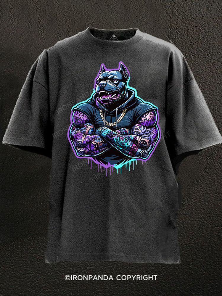 Cyberpunk Muscle Dog Washed Gym Shirt