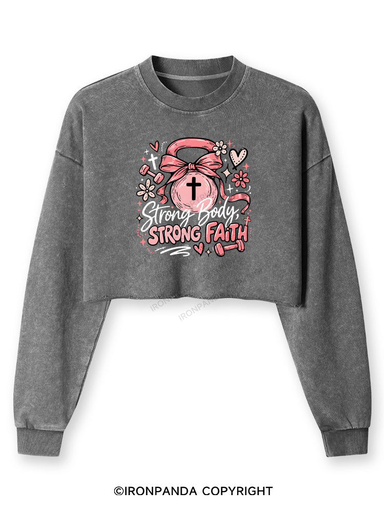 STRONG BODY, STRONG FAITH JESUS Washed Long-Sleeve Crop Top