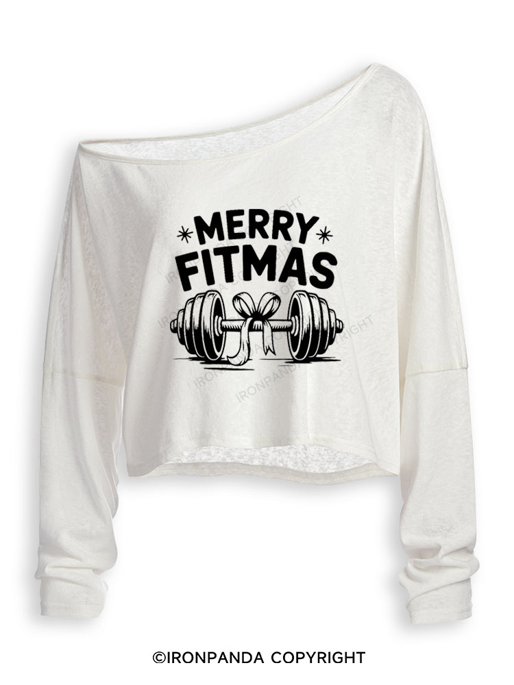 MERRY FITMAS CHRISTMAS STYLE Off Shoulder Long Sleeve Crop Top