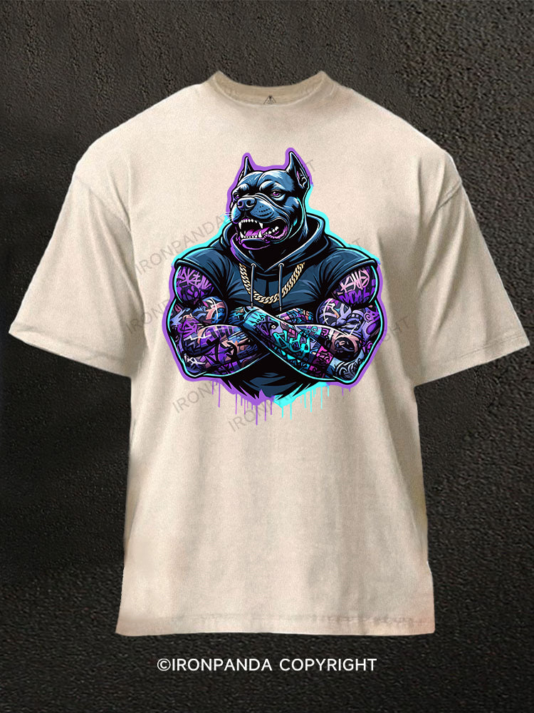 Cyberpunk Muscle Dog Washed Gym Shirt