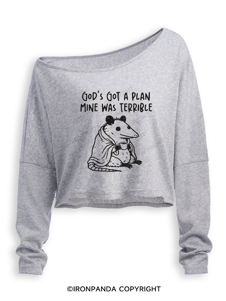 God's Got a Plan Mine Was Terrible Funny Opossum Off Shoulder Long Sleeve Crop Top