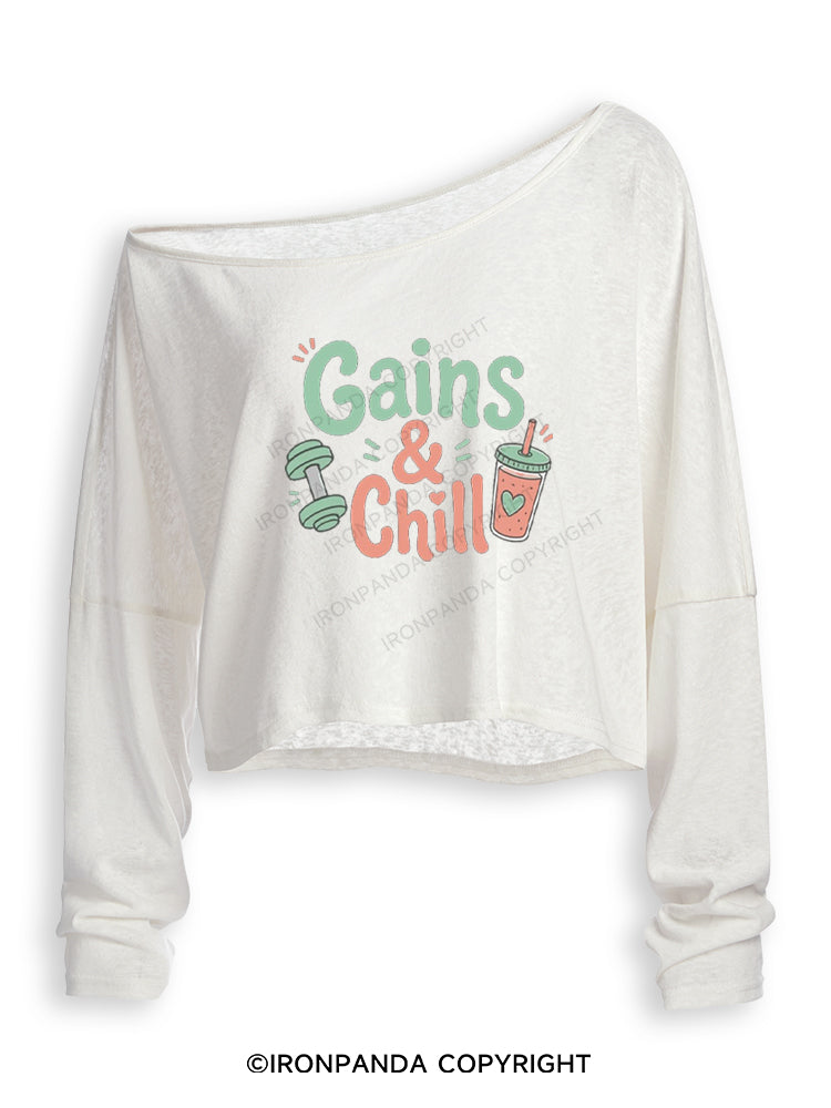 GAINS & CHILL Off Shoulder Long Sleeve Crop Top