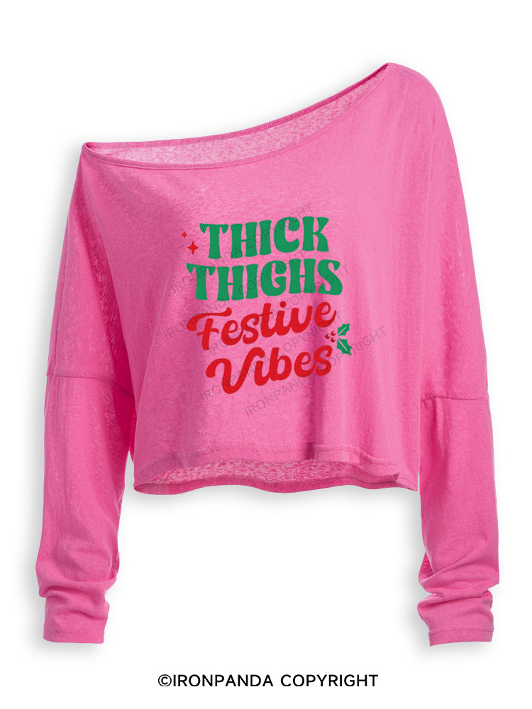 THICK THIGHS FESTIVE VIBES Off Shoulder Long Sleeve Crop Top