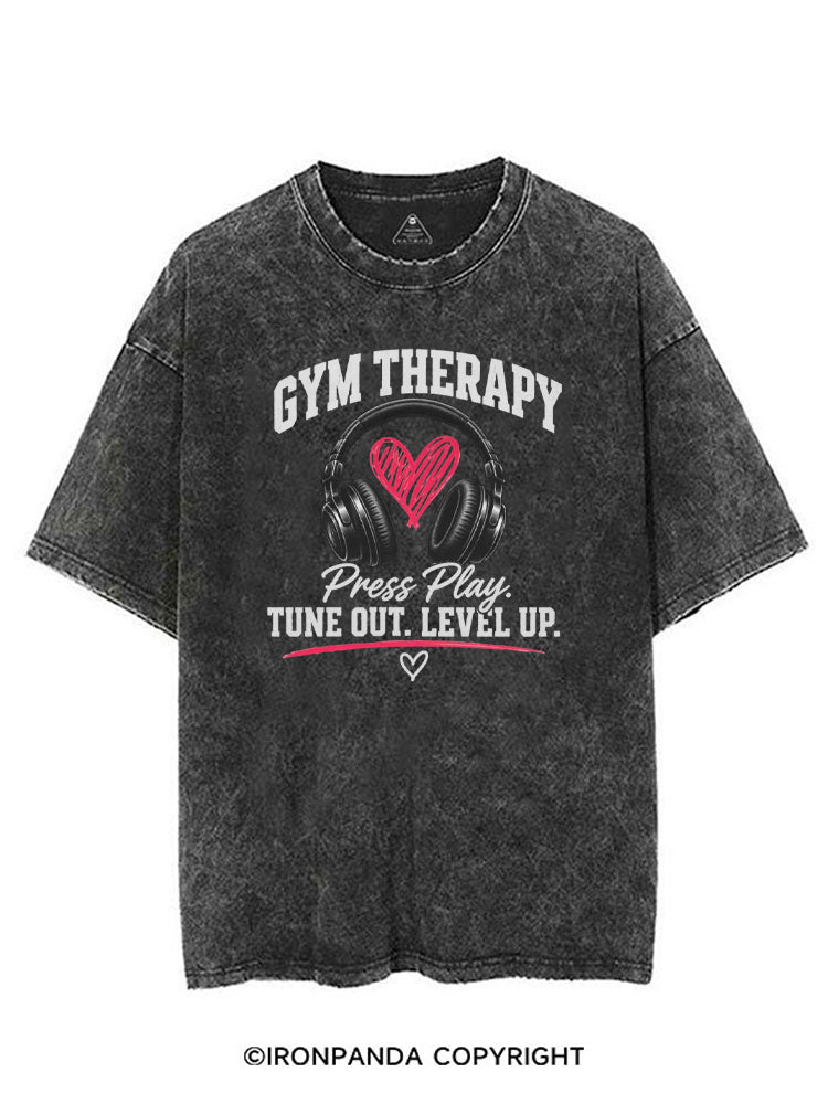 GYM THERAPY Press Play TUNE OUT LEVEL UP VINTAGE GYM SHIRT