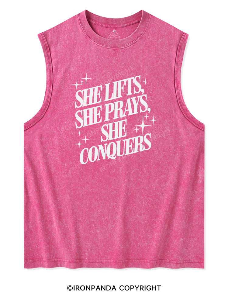 SHE LIFTS, SHE PRAYS, SHE CONQUERS Washed Tank