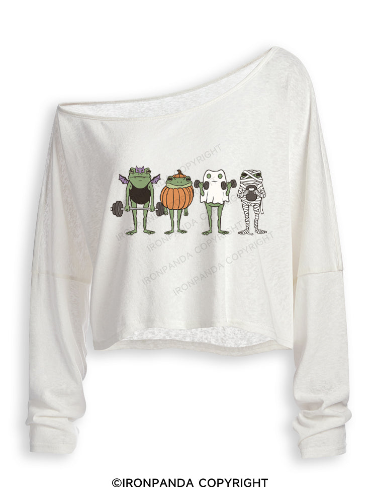 HALLOWEEN FROG LIFTING CREW Off Shoulder Long Sleeve Crop Top