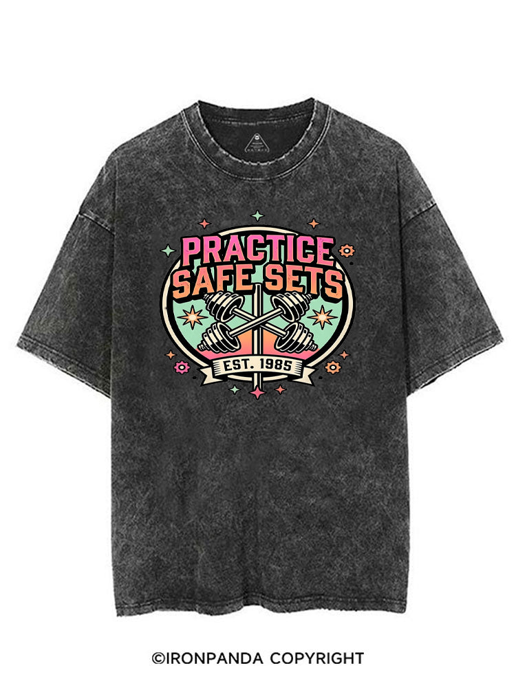 PRACTICE SAFE SETS FUNNY RETRO VINTAGE GYM SHIRT
