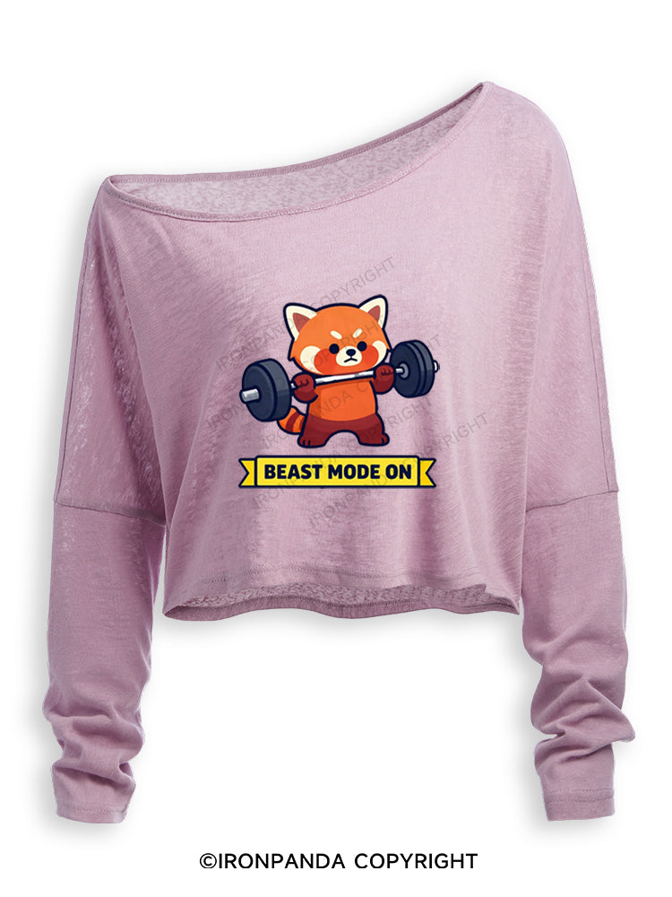 BEAST MODE ON RED PANDA Off Shoulder Long Sleeve Crop Top