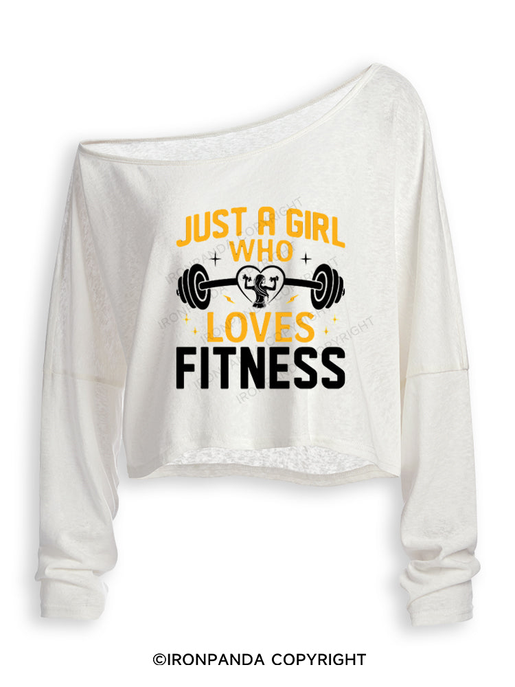JUST A GIRL WHO LOVES FITNESS HEART Off Shoulder Long Sleeve Crop Top