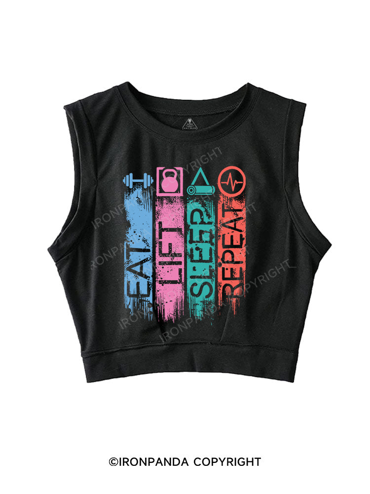 EAT,LIFT,SLEEP,REPEAT SLEEVELESS CROP TOPS