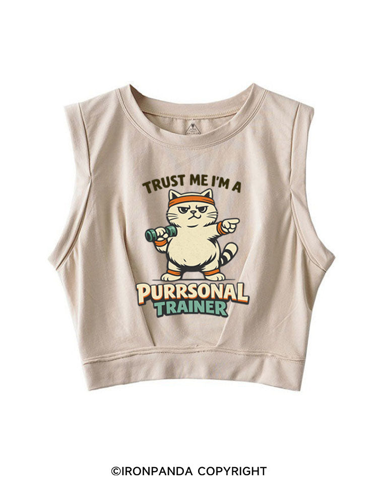 TRUST ME I'M A PURRSONAL TRAINER SLEEVELESS CROP TOPS