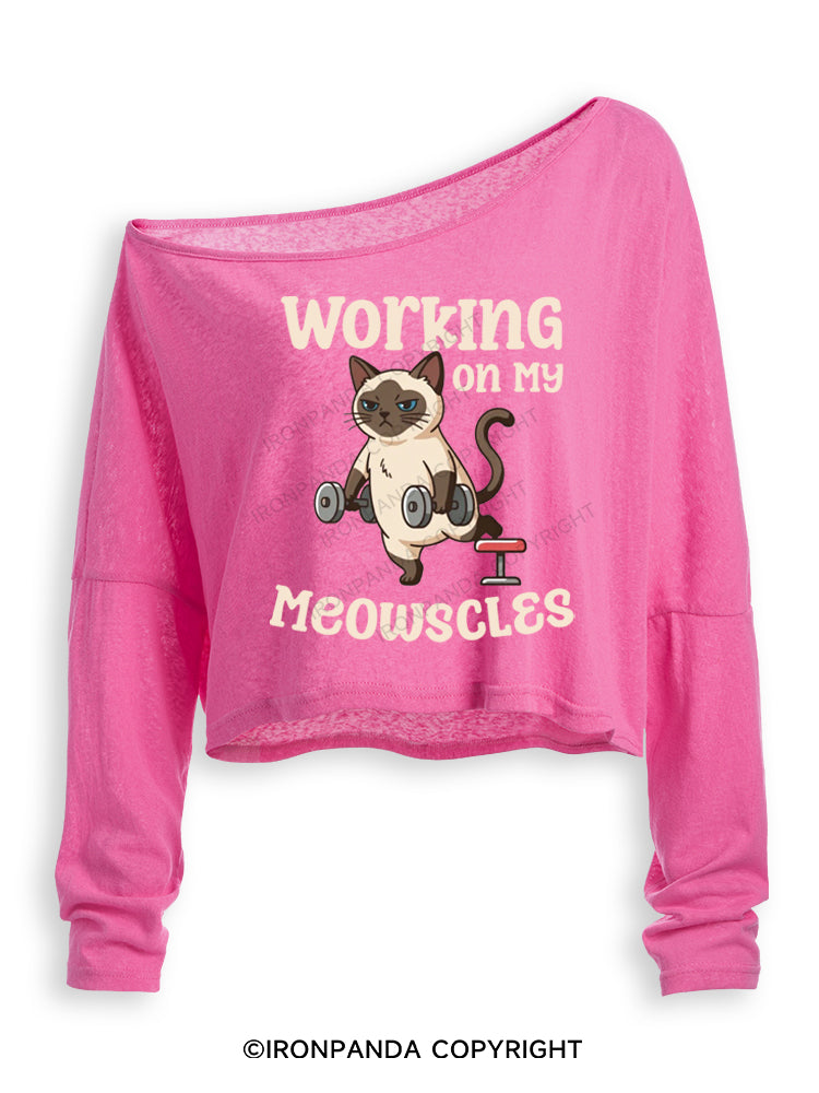 WORKING ON MY MEOWSCLES GYM KITTY Off Shoulder Long Sleeve Crop Top
