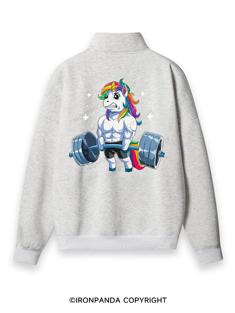 Weightlifting Unicorn Back Printed Quarter-Zip Fleece Sweatshirt