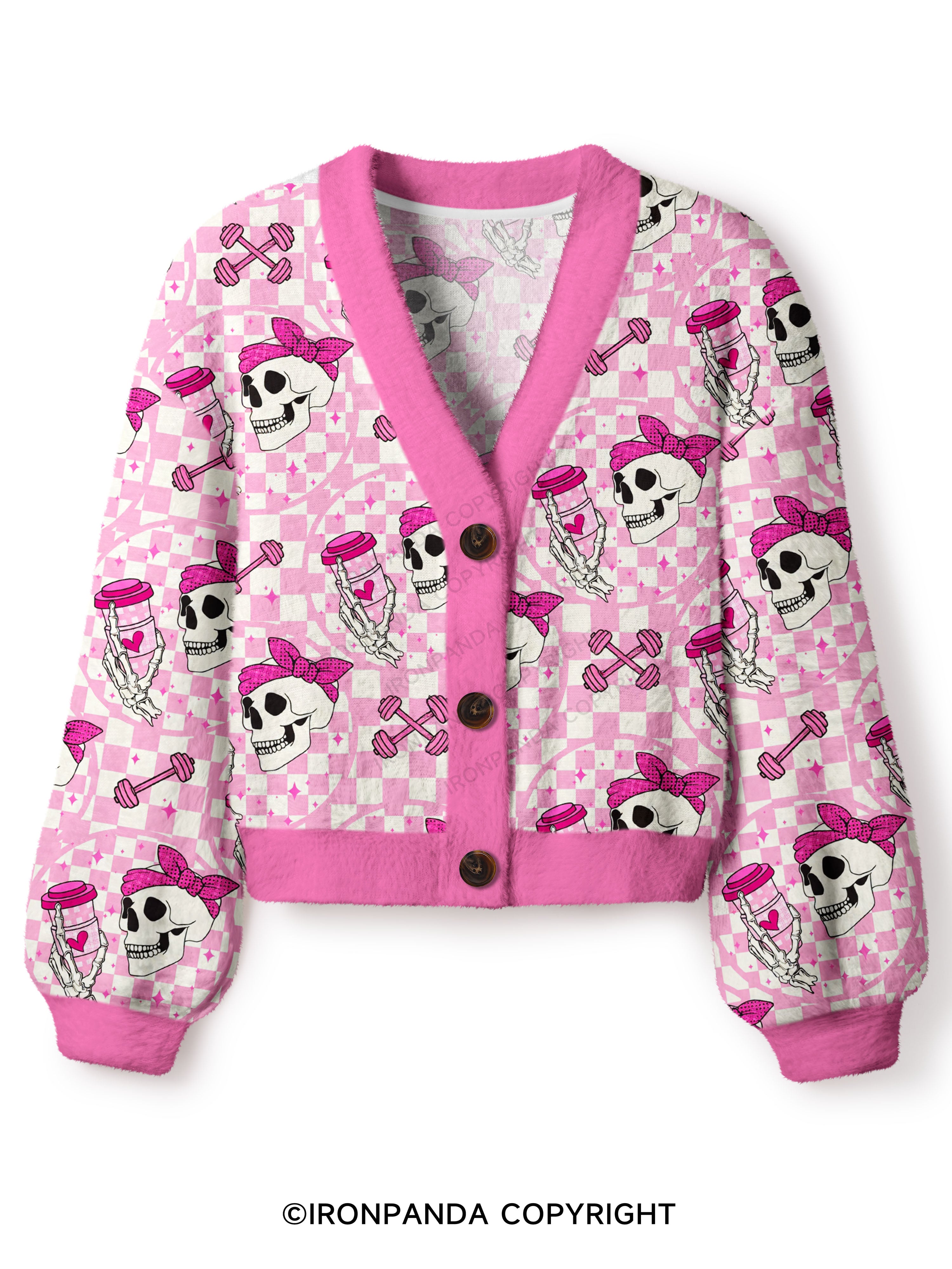 Pink Check Gym Skull Crop Ugly Cardigan Sweater