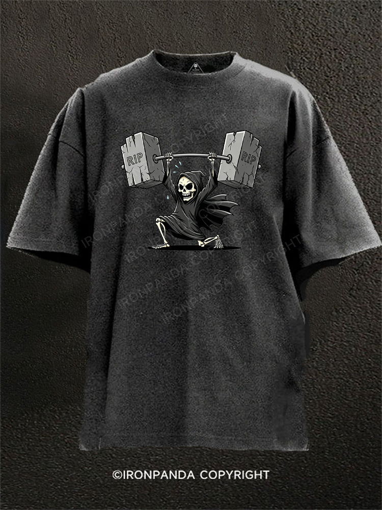 Gym Reaper Skeleton Dark Humor Washed Gym Shirt