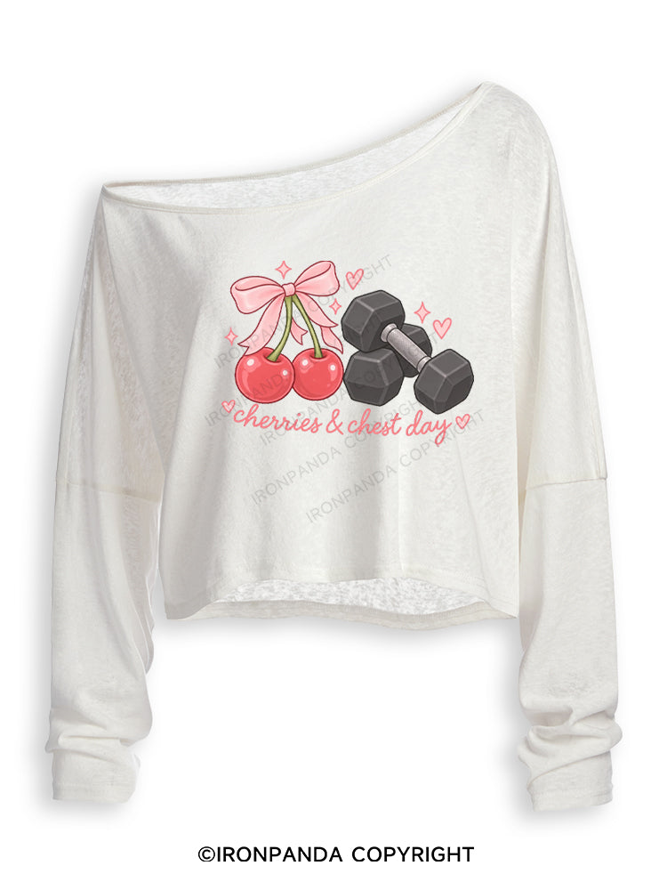 CHERRIES & CHEST DAY Off Shoulder Long Sleeve Crop Top