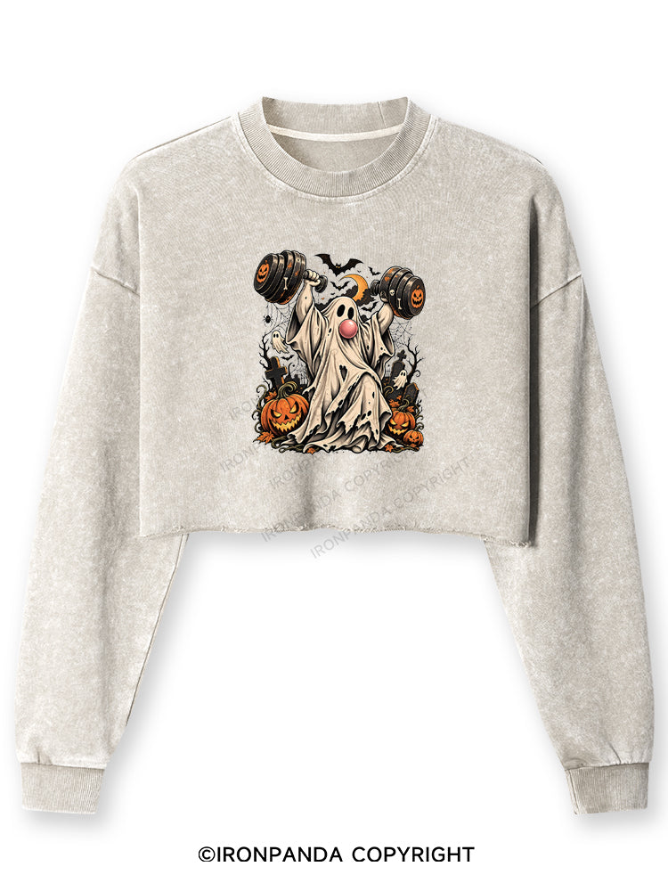 VINTAGE GHOST GYM WEIGHTLIFTING Washed Long-Sleeve Crop Top