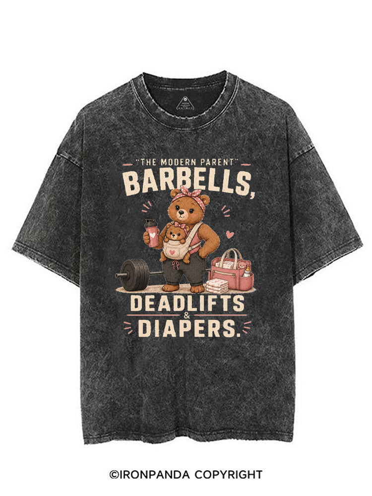 THE MODERN PARENT BARBELLS DEADLIFTS & DIAPERS GYM MOM BEAR VINTAGE GYM SHIRT