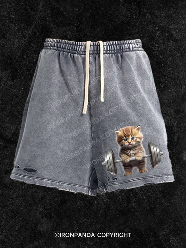 Weightlifting Cat Washed Gym Shorts