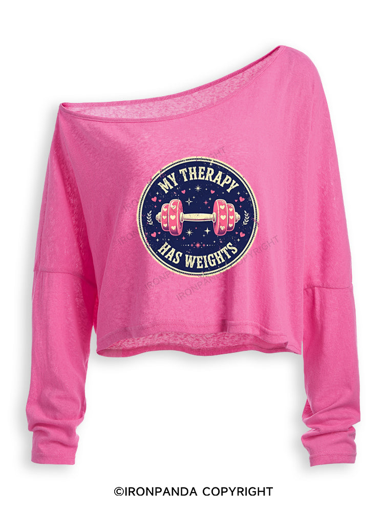 MY THERAPY HAS WEIGHTS Off Shoulder Long Sleeve Crop Top