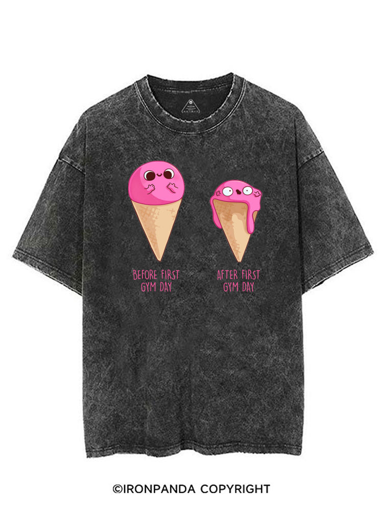 BEFORE AND AFTER FIRST GYM DAY FUNNY ICE CREAM VINTAGE GYM SHIRT