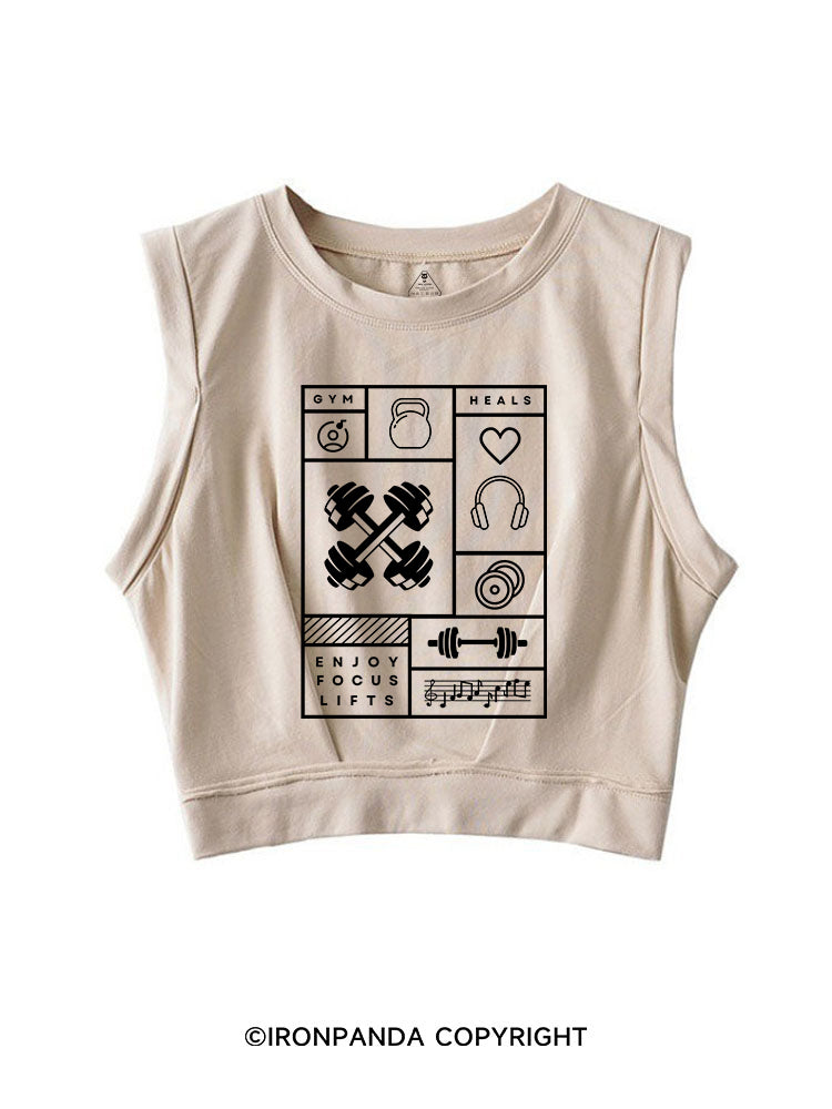 GYM HEALS ENJOY FOCUS LIFTS SLEEVELESS CROP TOPS