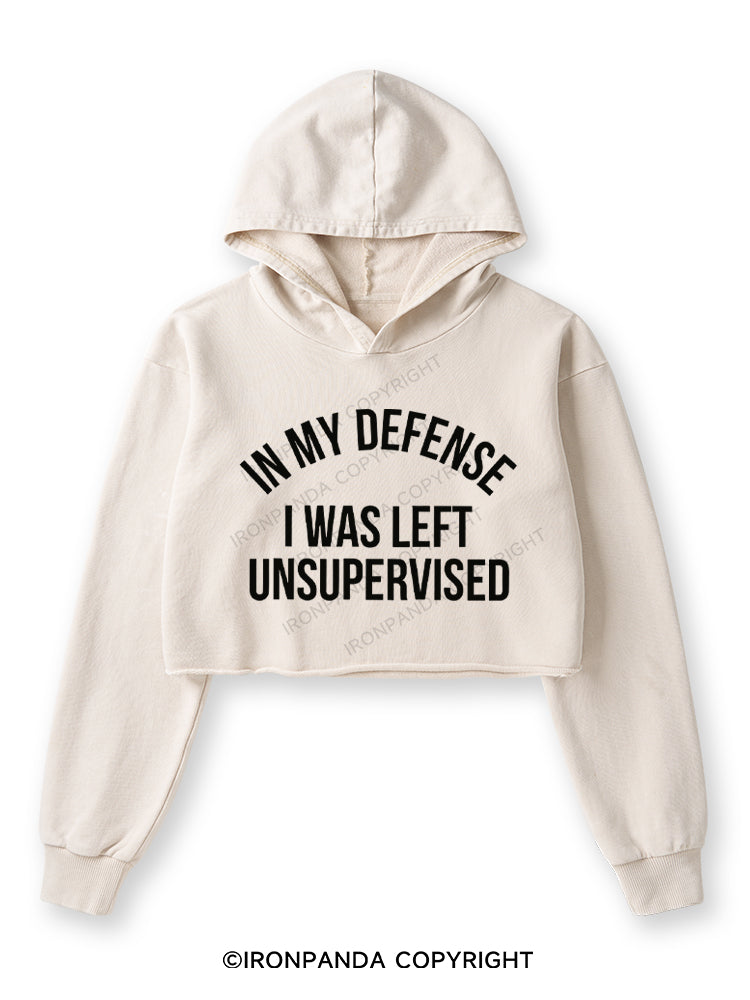 IN MY DEFENSE I WAS LEFT UNSUPERVISED Washed Crop Hoodie