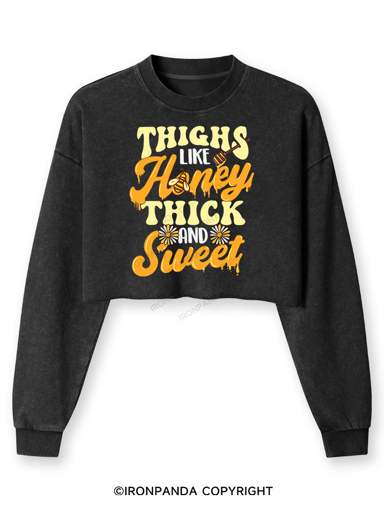 THIGHS LIKE HONEY THICK AND SWEET Washed Long-Sleeve Crop Top