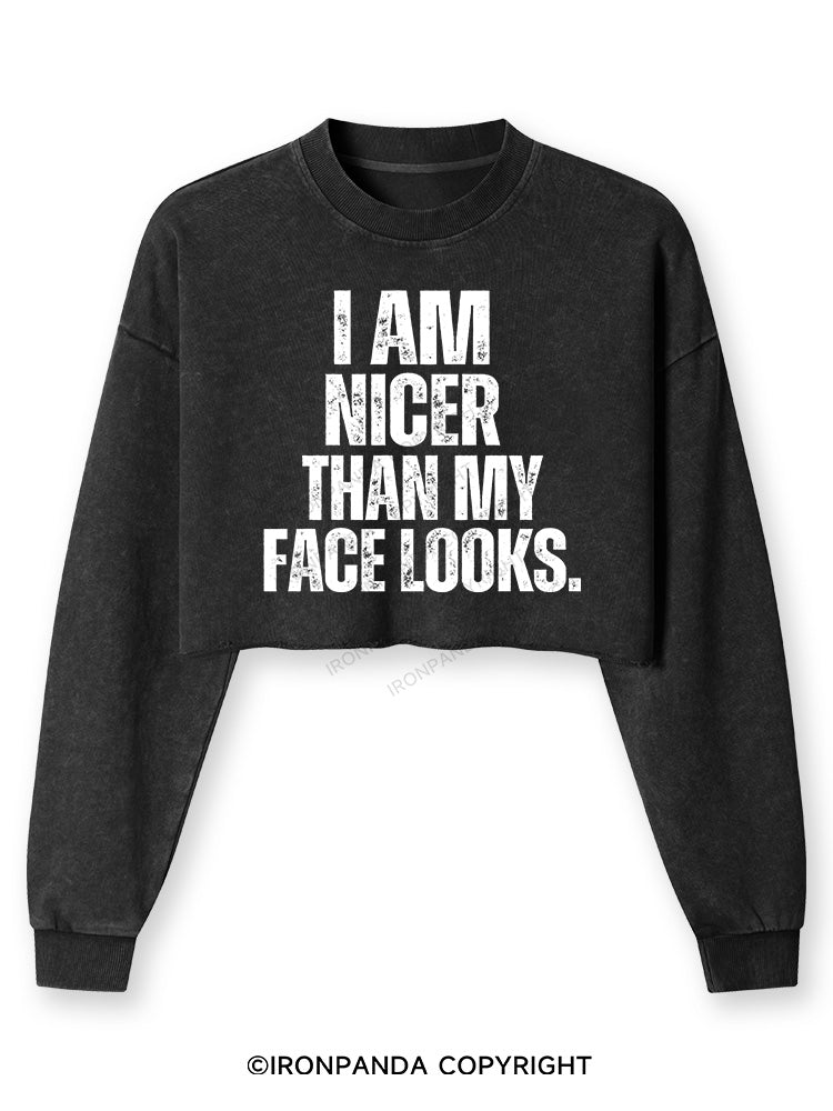 I'M NICER THAN MY FACE LOOKS Washed Long-Sleeve Crop Top