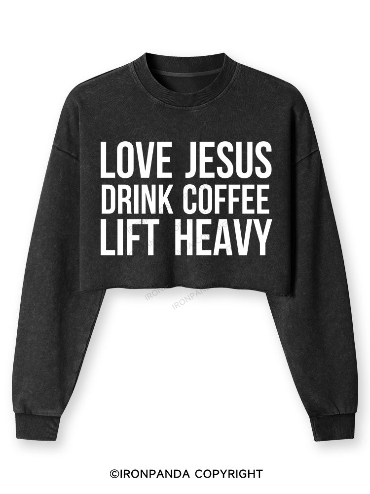 Love Jesus Drink Coffee Lift Heavy Washed Long-Sleeve Crop Top