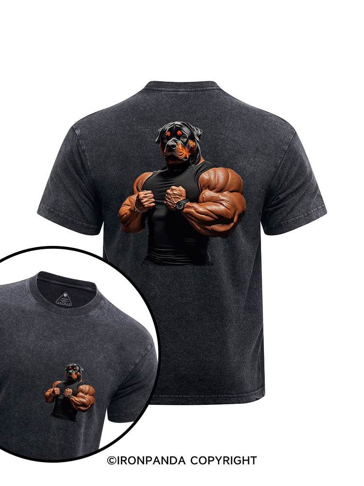 Muscular Rottweiler printed Washed Gym Shirt