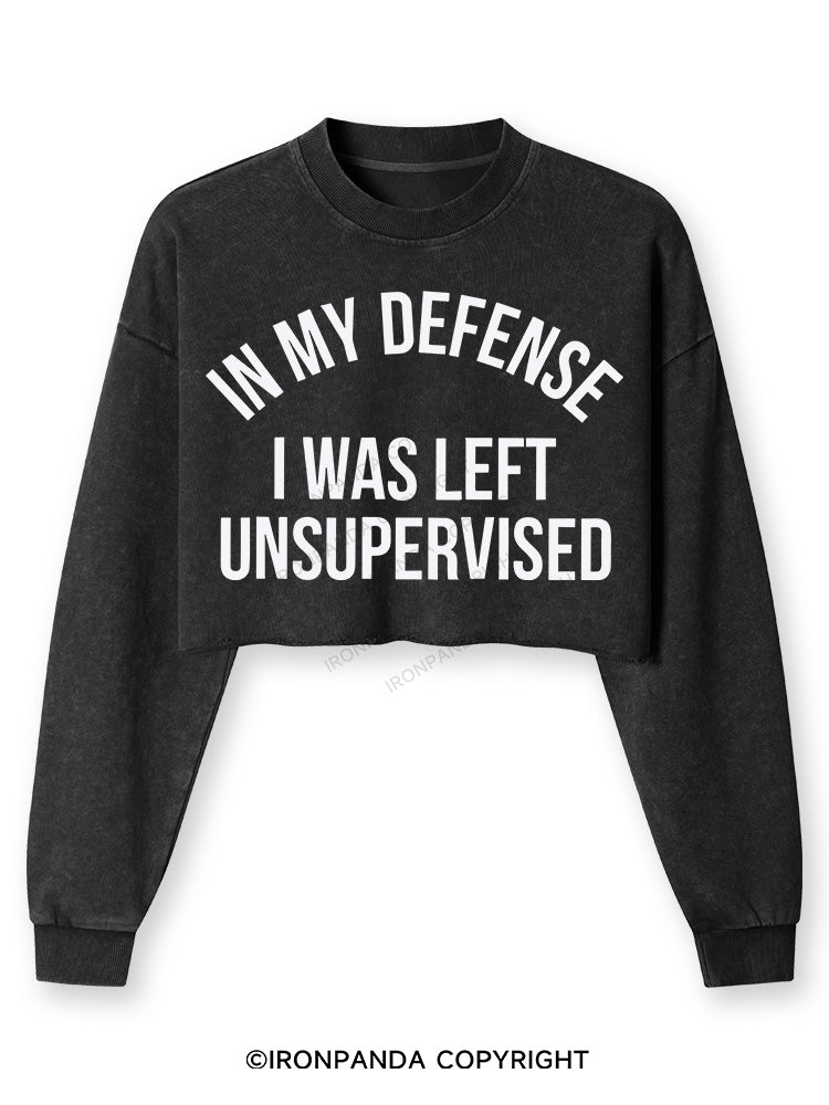 In My Defense I Was Left Unsupervised Washed Long-Sleeve Crop Top